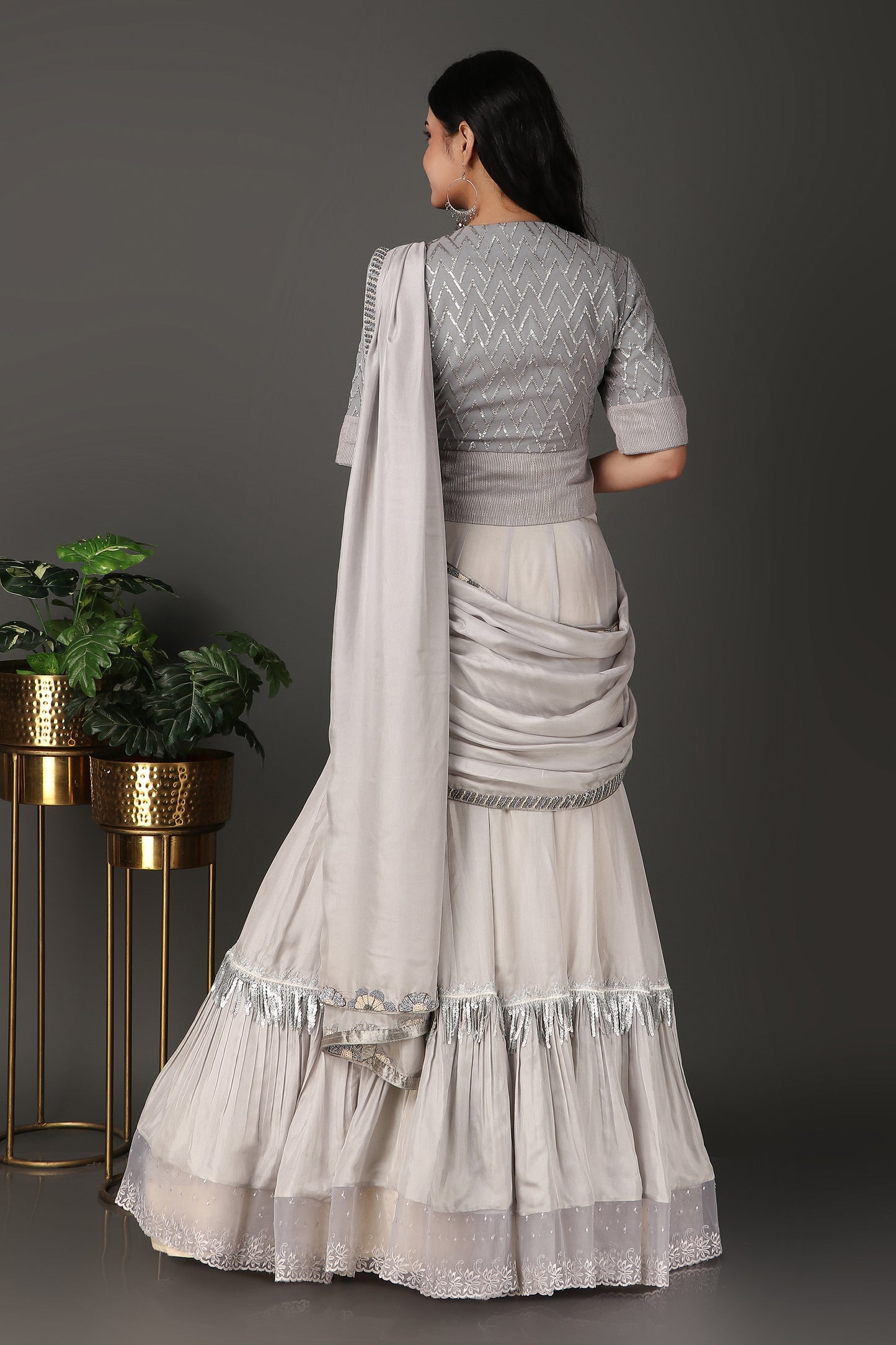 Grey jacket style blouse with saree