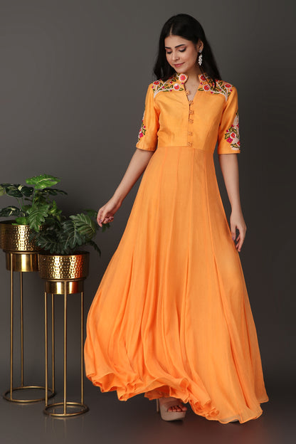 Orange Elegant Full Band Anarkali Suit with Grand Flare