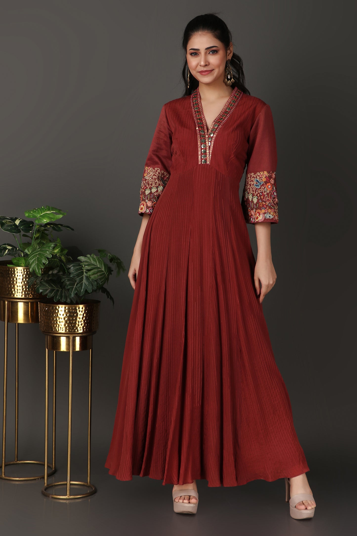 Rust Embroidered A Line Kurta Featuring Pintucks And Richly Decorated 3/4 Sleeves
