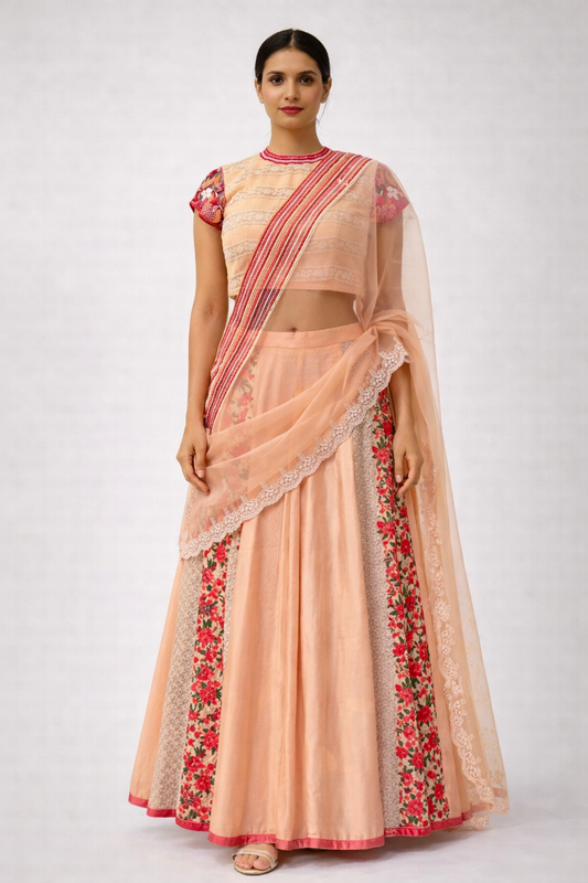 Designer Peach and Red Lehenga Saree with Rich Hand Embellishments