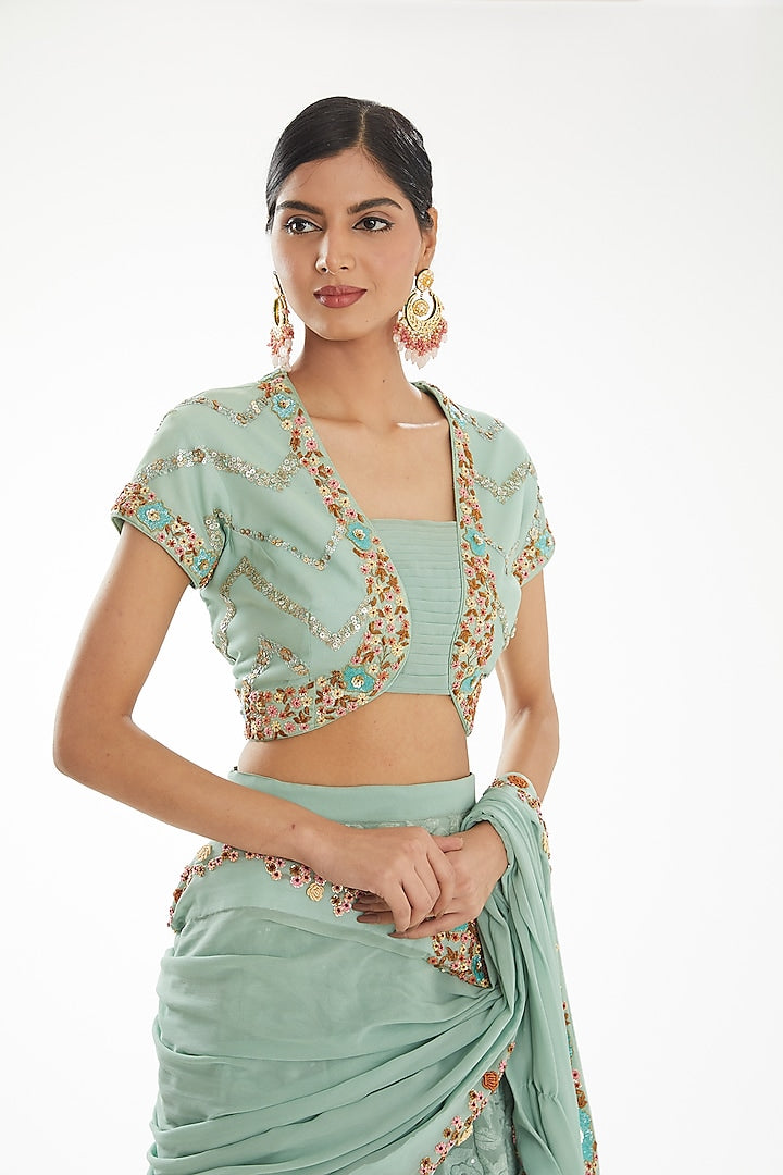 Party Wear Readymade Aqua Georgette Saree With Dabka Cutdana Knots And Sequins