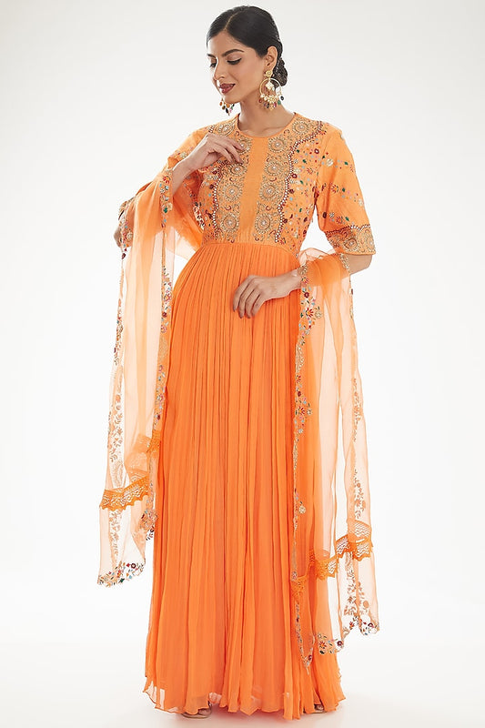 Orange Embroidered Yoke Anarkali Dress with Dupatta
