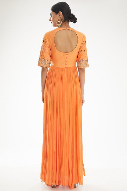 Orange Embroidered Yoke Anarkali Dress with Dupatta
