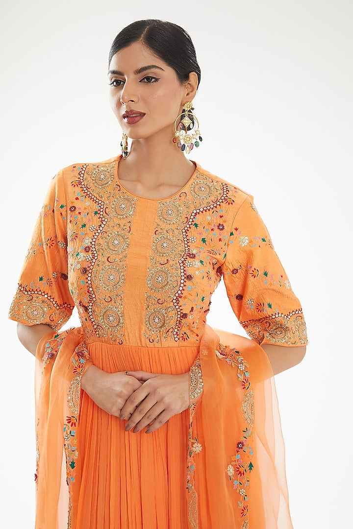 Orange Embroidered Yoke Anarkali Dress with Dupatta