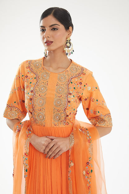 Orange Embroidered Yoke Anarkali Dress with Dupatta