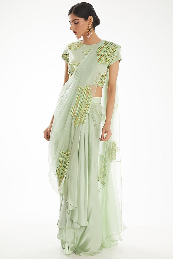 Sea Green Satin Pearl Work Draped Saree Set