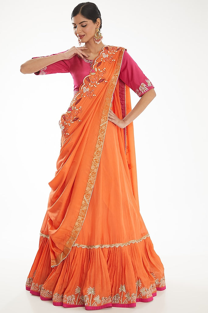 Orange Pure Silk & dupion Silk Cutdana Work Lehenga Saree Set