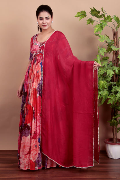 Floral Anarkali Suit With Sweetheart Neckline And Embellished Yoke