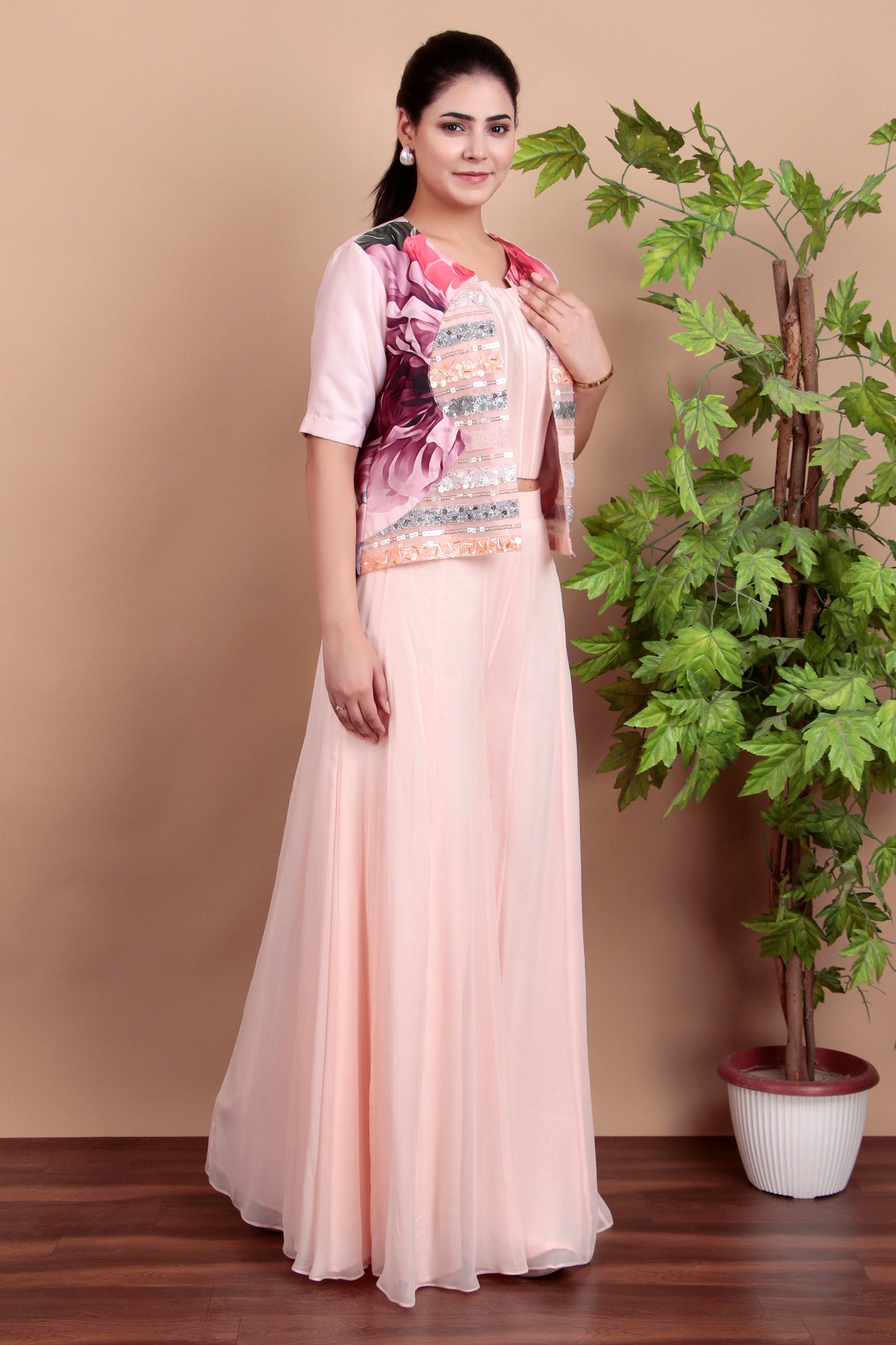 Blush Pink Indo-Western Set with Strapless Corset Flared Palazzo And Sequin Jacket