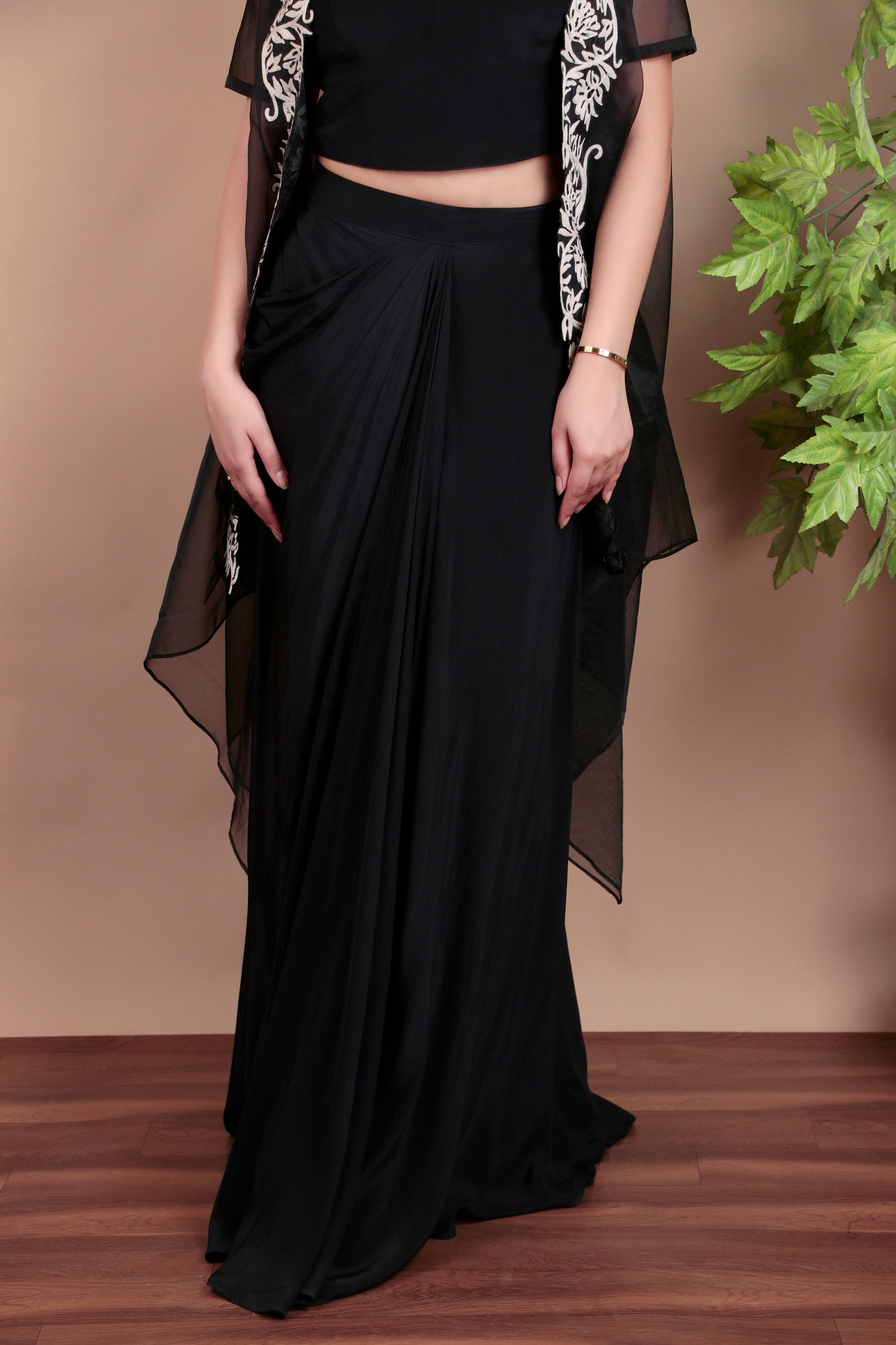 Black Indo-Western Draped Set with Tube Top, Dhoti Skirt and Ivory Floral Embroidered Cape