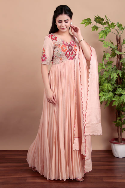 Peach Anarkali Suit with Heavy Dabka Sequins And Pearl Embellished Yoke