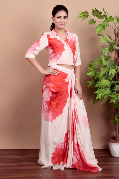 Contemporary Pink Floral Drape Skirt Set With Collared Blouse