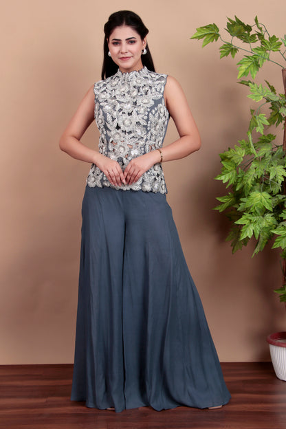 Modern Grey Indo-Western Palazzo Set with Hand-Embroidered Floral Top