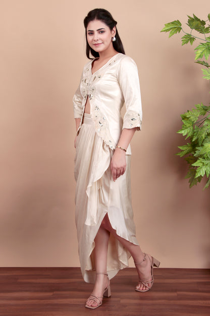 Ivory Luxury Indo-Western Ensemble with Intricate Sequin Zari Jacket and Draped Skirt