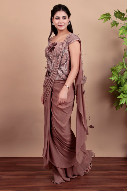 Mouse Grey Draped Saree with Floral-Geometric Hand-Embroidered Blouse and Pearl-Accented Drape
