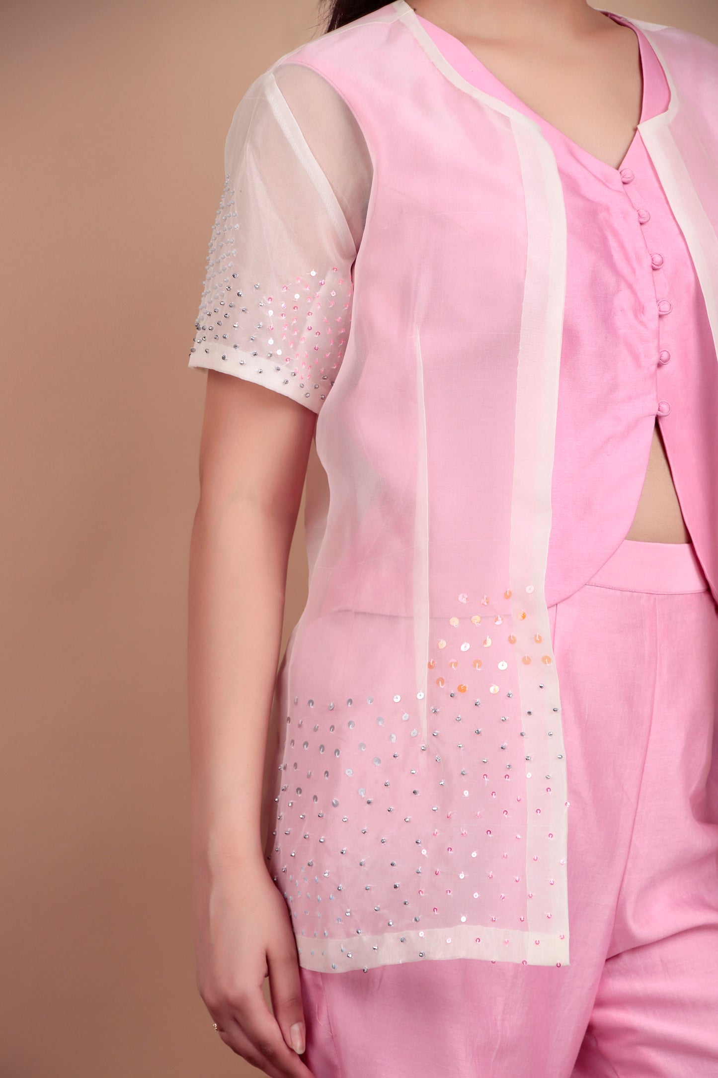 Sleeveless Crop Top And Flared Pants Set with Sheer Embroidered Shrug