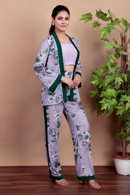 Lilac Indo-Western Floral Blazer Set with Dark Green Trim and Tailored Pants