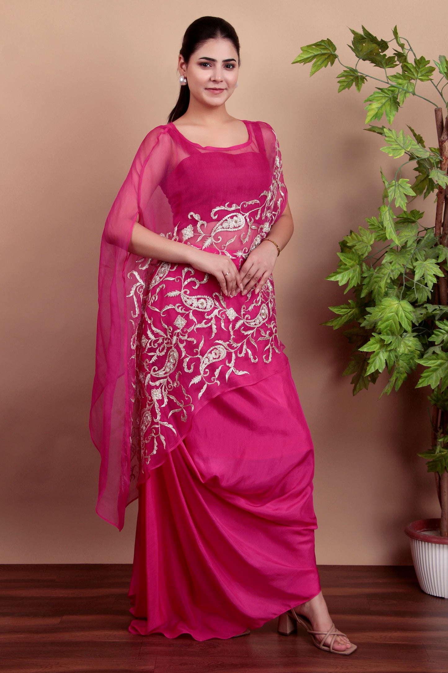 Magenta Indo-Western Drape Dhoti Set with Handworked Organza Cape