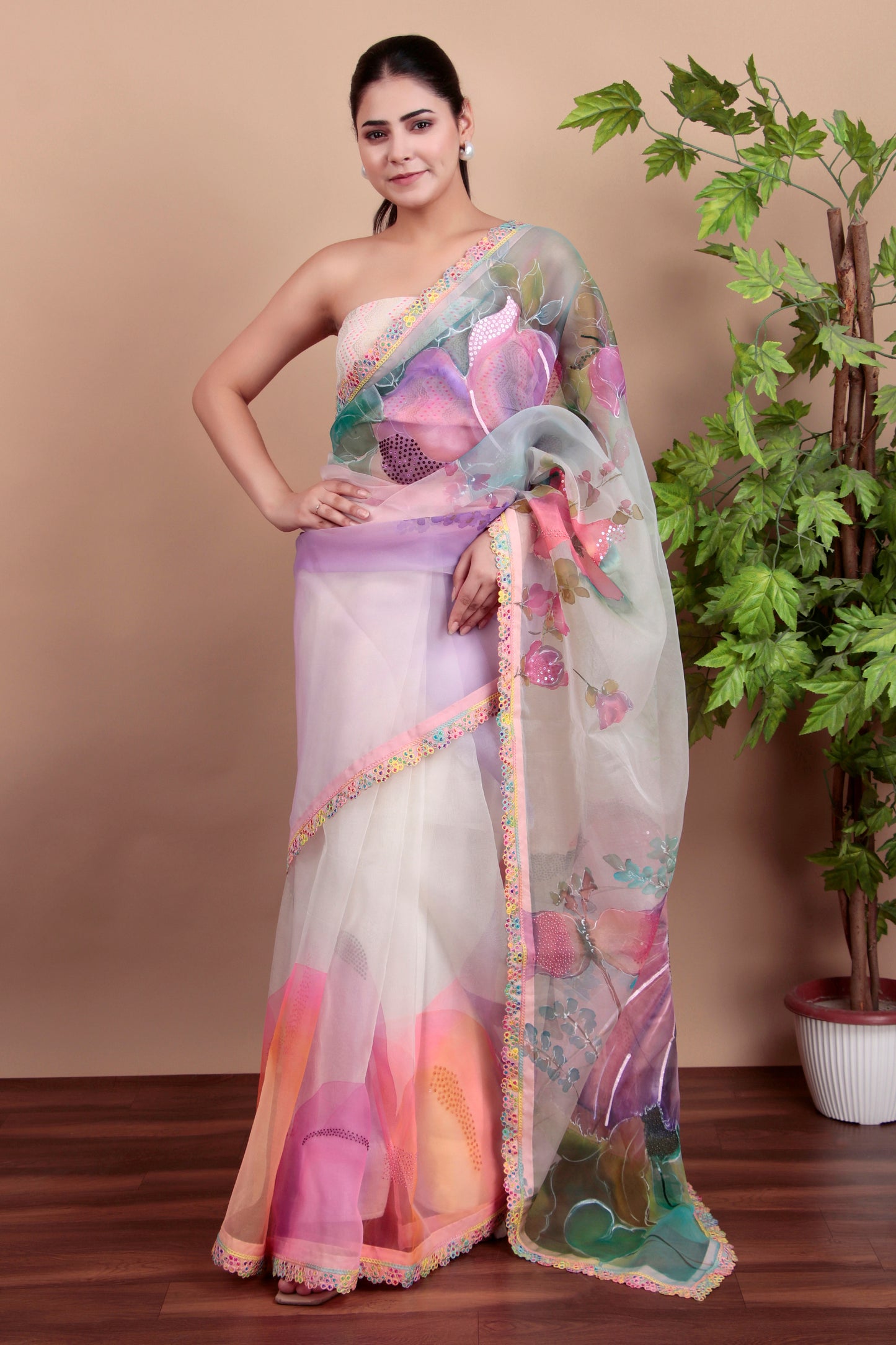 Pastel Organza Saree with Hand-Printed Floral Design And Lace Borders