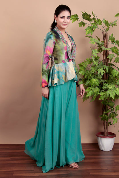 Floral Peplum Top With Embroidered Collar And Aqua Palazzo Pants
