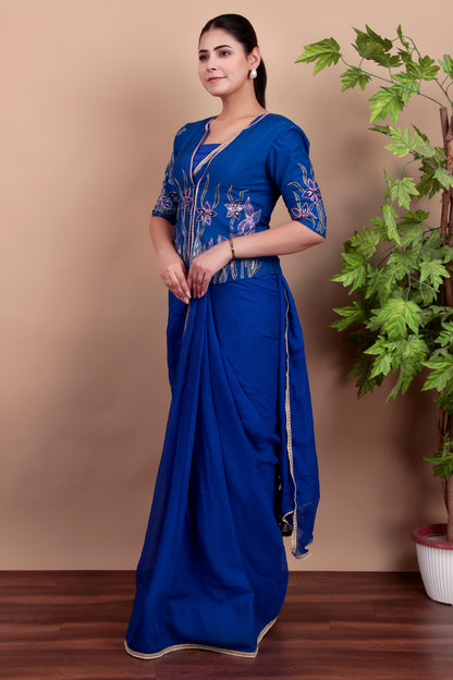 Festive Royal Blue Ensemble with Artistic Floral Jacket and Sequin Work