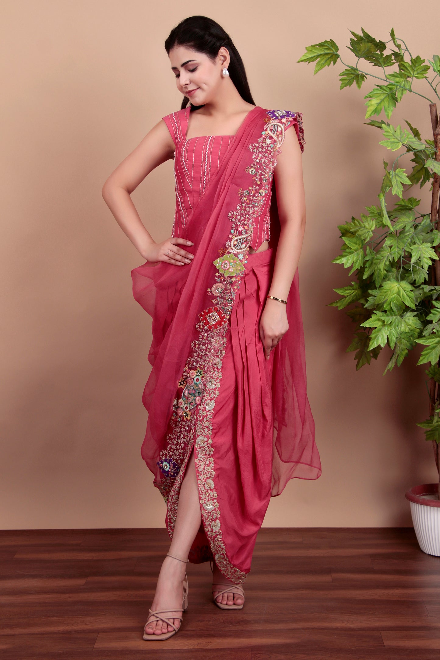 Pink Indo-Western Embroidered Blouse Set with Zari Dhoti Skirt and Organza Dupatta