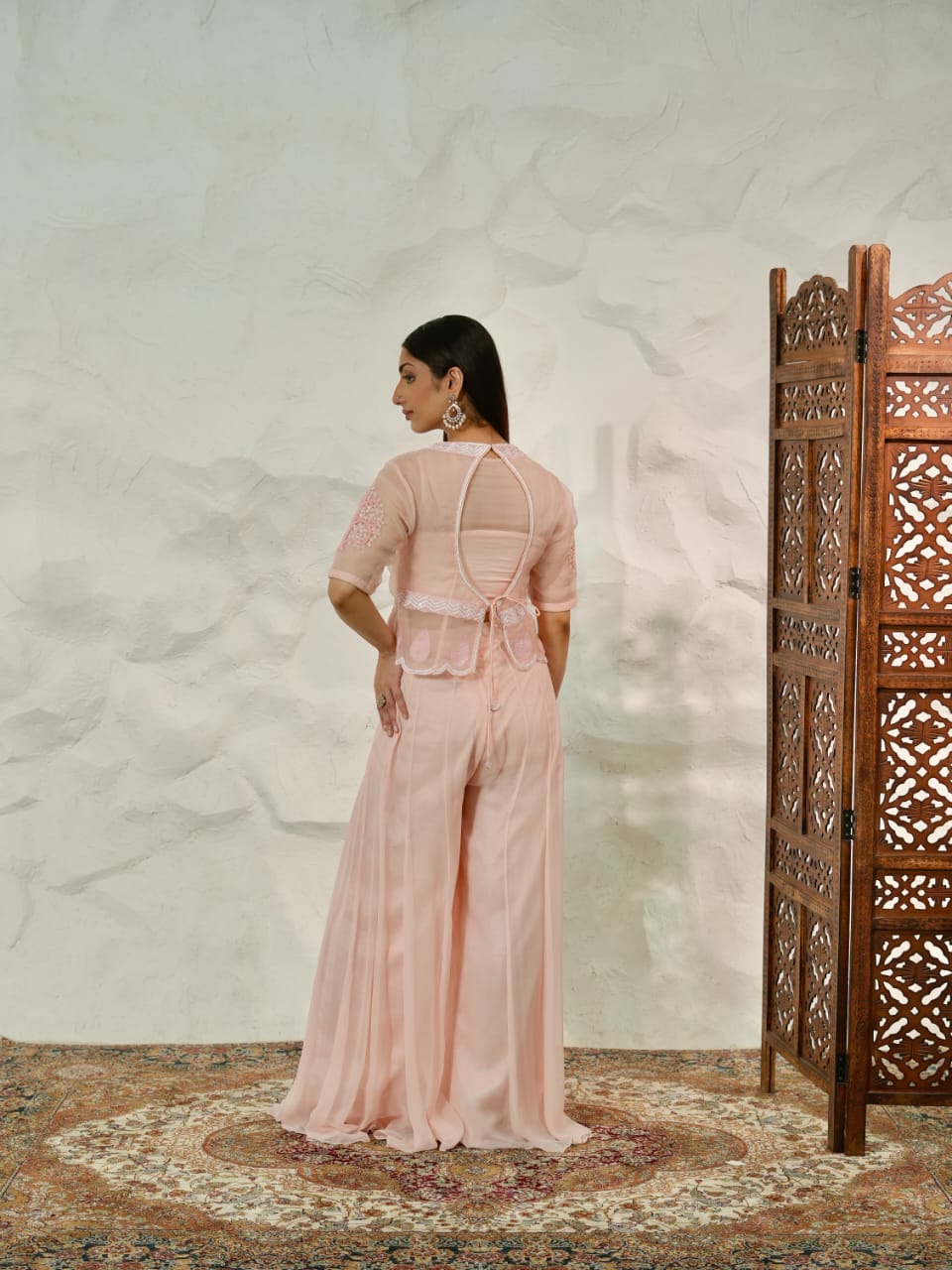 Soft Rose Sheer Embroidery Cinched Waist Palazzo Co-Ord