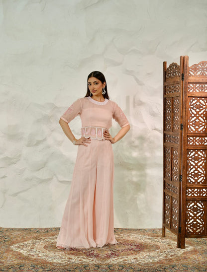 Soft Rose Sheer Embroidery Cinched Waist Palazzo Co-Ord