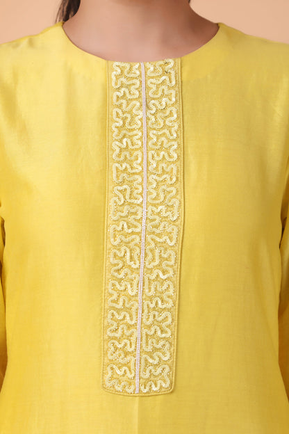 Yellow Cutwork Straight Suit Set With Embroidered Dupatta And High Low Pants