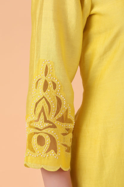 Yellow Cutwork Straight Suit Set With Embroidered Dupatta And High Low Pants