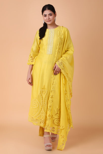 Yellow Cutwork Straight Suit Set With Embroidered Dupatta And High Low Pants
