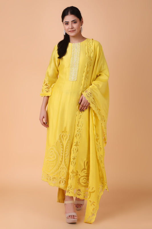 Yellow Cutwork Straight Suit Set With Embroidered Dupatta And High Low Pants