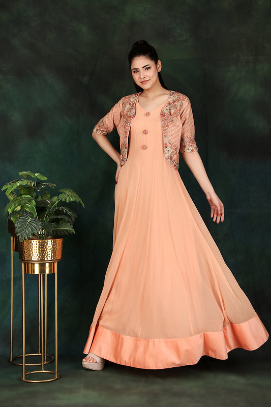 Peach Georgette Anarkali Suit with Thread, Dori & Sequin Work Jacket
