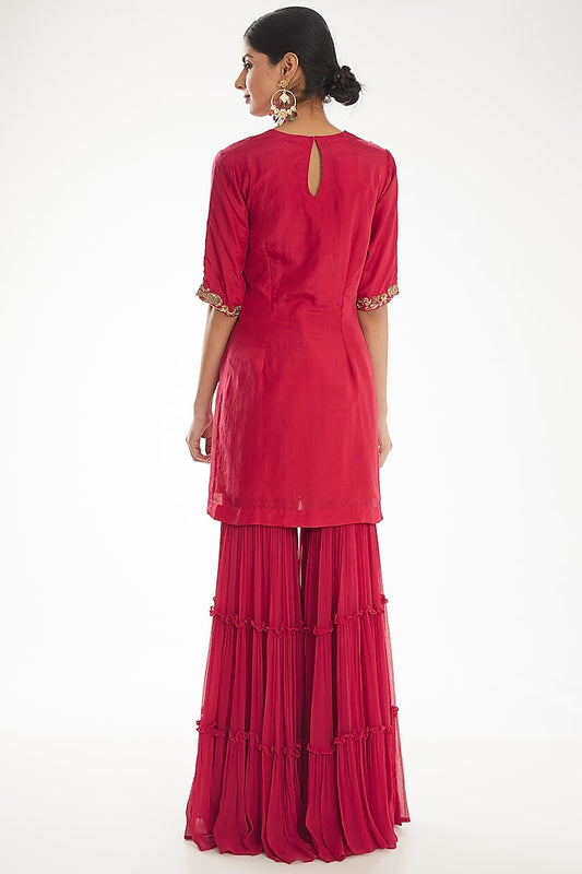 Festive Deep Pink Ethnic Outfit Featuring Gold Detail Kurta Sharara And Dupatta