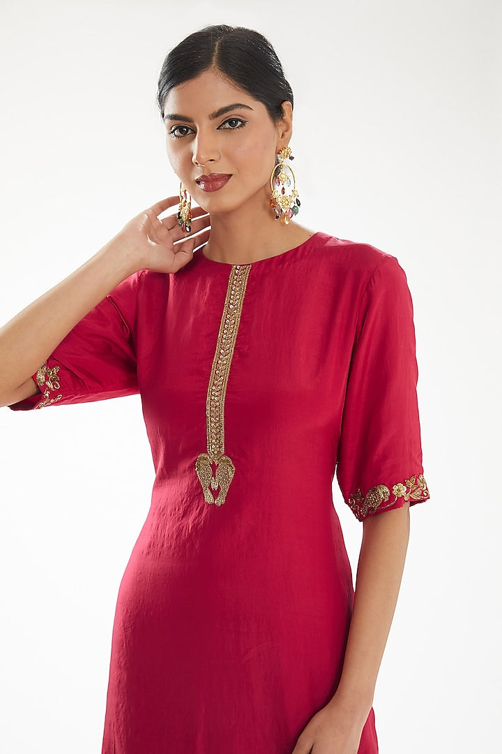 Festive Deep Pink Ethnic Outfit Featuring Gold Detail Kurta Sharara And Dupatta