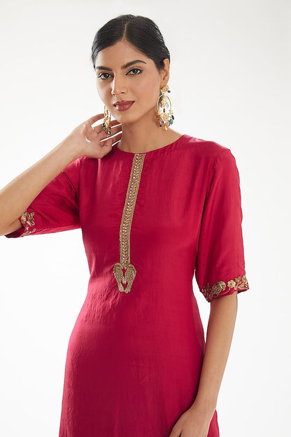Festive Deep Pink Ethnic Outfit Featuring Gold Detail Kurta Sharara And Dupatta