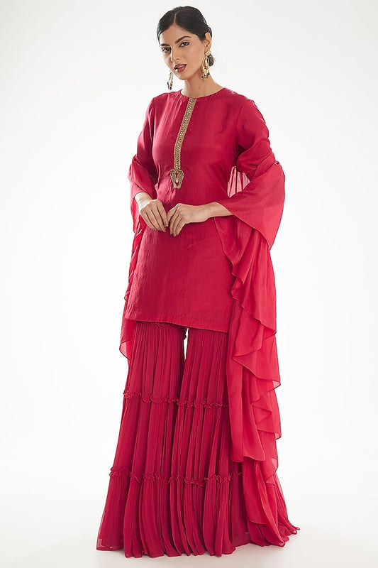 Festive Deep Pink Ethnic Outfit Featuring Gold Detail Kurta Sharara And Dupatta