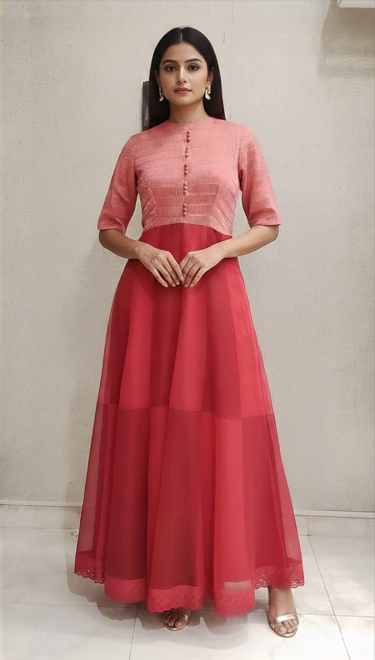 Red Anarkali Dress with Golden Zari Embroidered Yoke