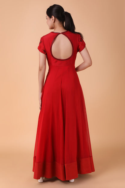 Red Dupion Silk Anarkali With Georgette Base And Pearl Dori And Sequin Embellishments