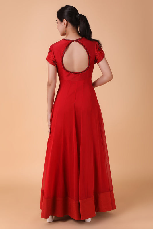 Red Dupion Silk Anarkali With Georgette Base And Pearl Dori And Sequin Embellishments