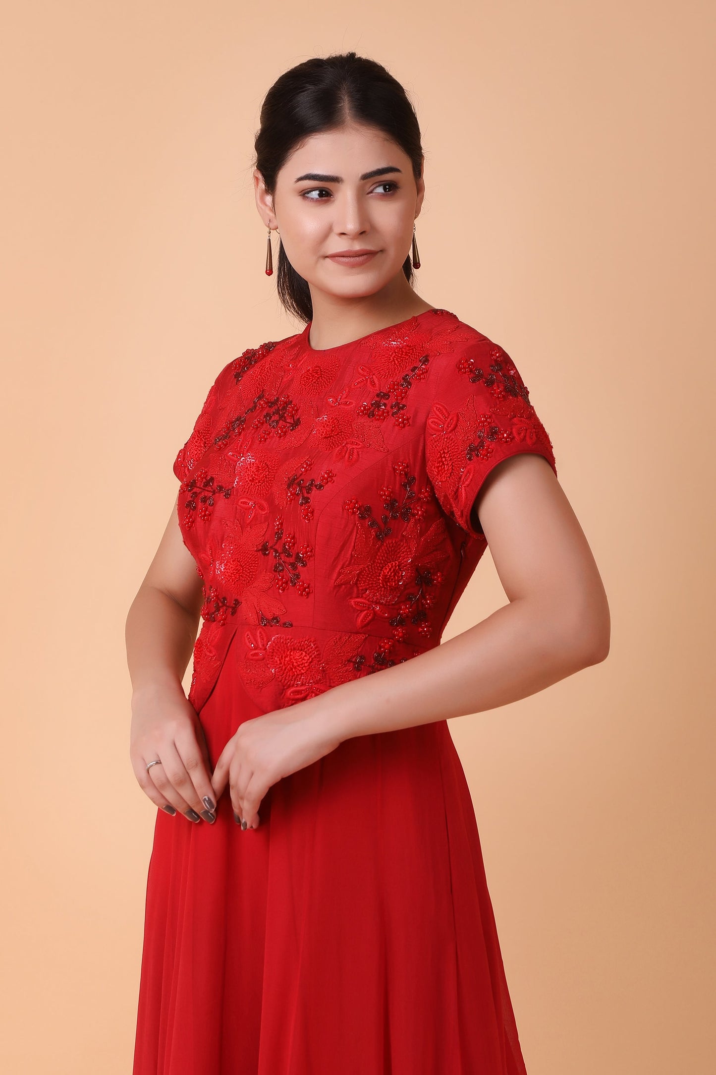 Red Dupion Silk Anarkali With Georgette Base And Pearl Dori And Sequin Embellishments