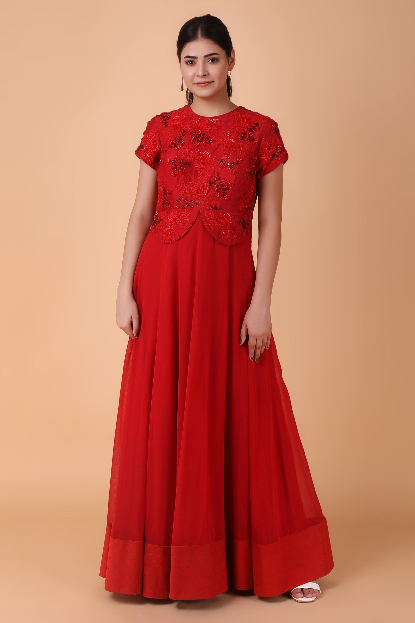 Red Dupion Silk Anarkali With Georgette Base And Pearl Dori And Sequin Embellishments