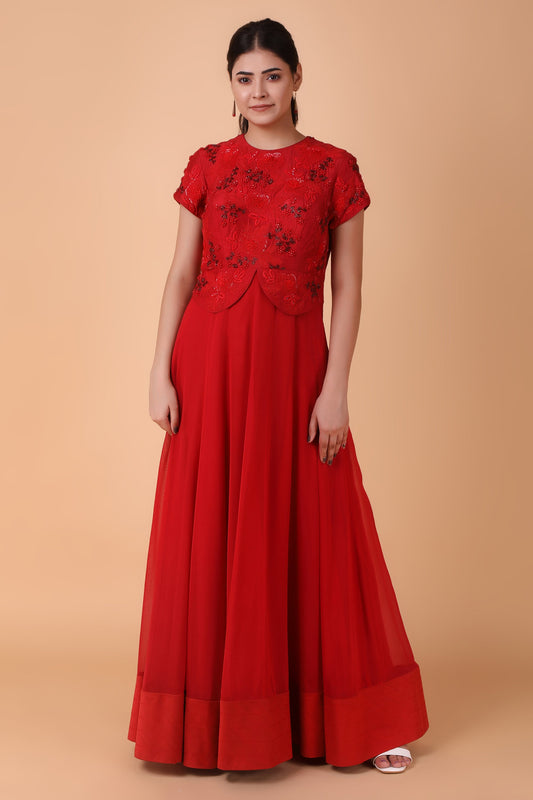 Red Dupion Silk Anarkali With Georgette Base And Pearl Dori And Sequin Embellishments