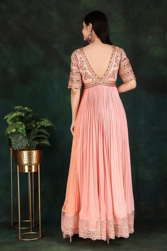 Elegant Peach Georgette Gathered Anarkali with Thread Work and Lace Detailing
