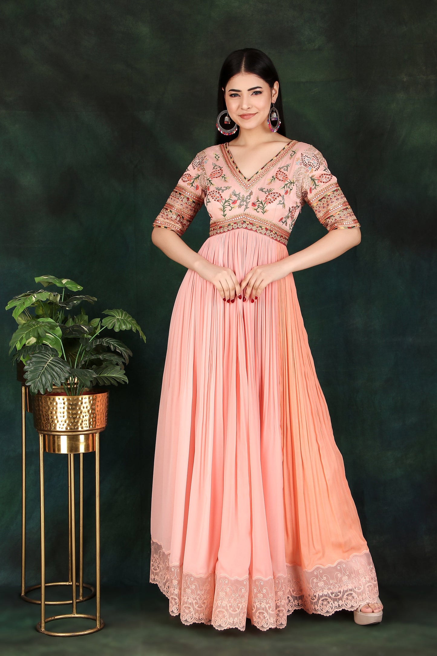 Elegant Peach Georgette Gathered Anarkali with Thread Work and Lace Detailing