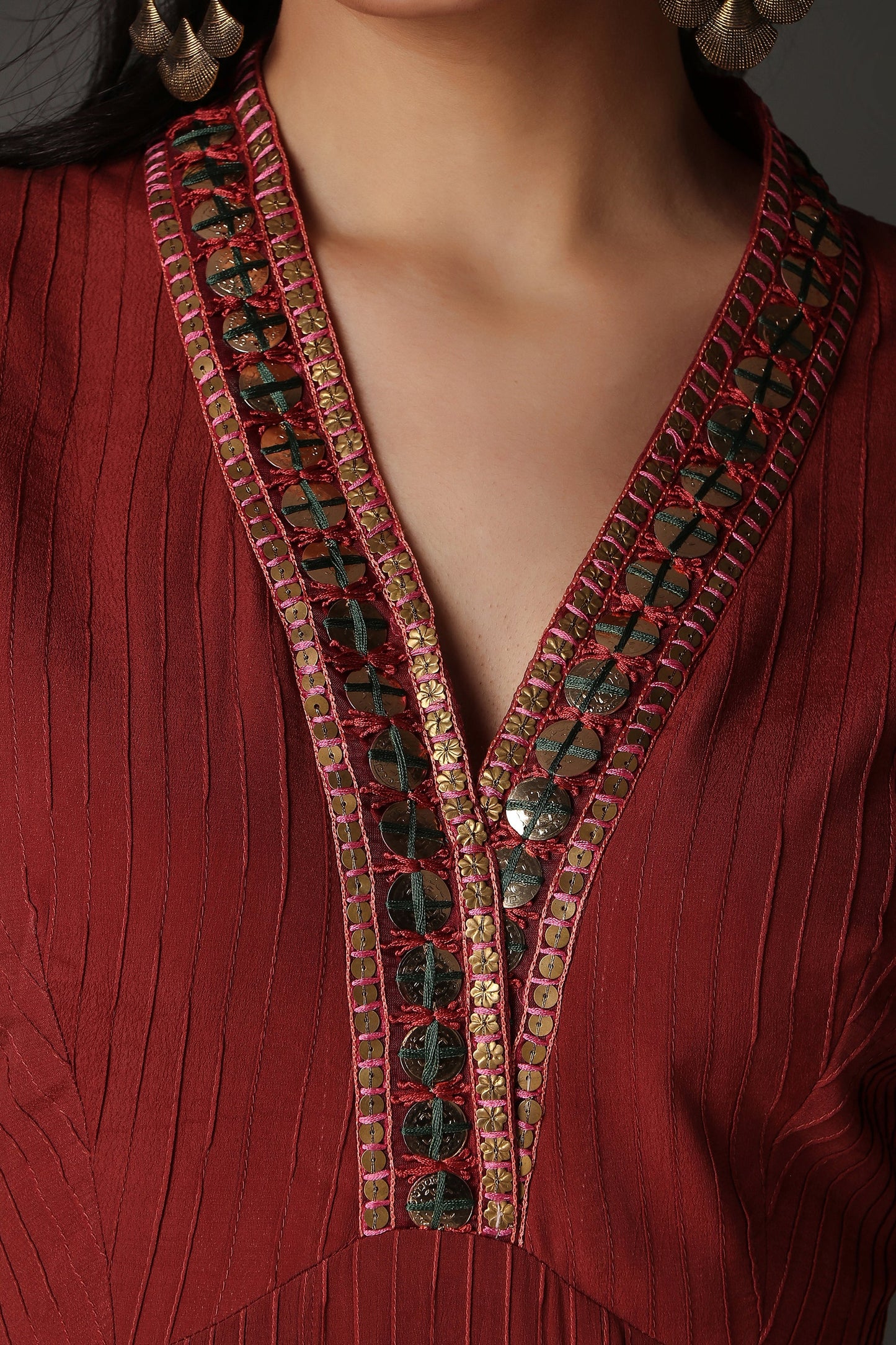 Rust Embroidered A Line Kurta Featuring Pintucks And Richly Decorated 3/4 Sleeves