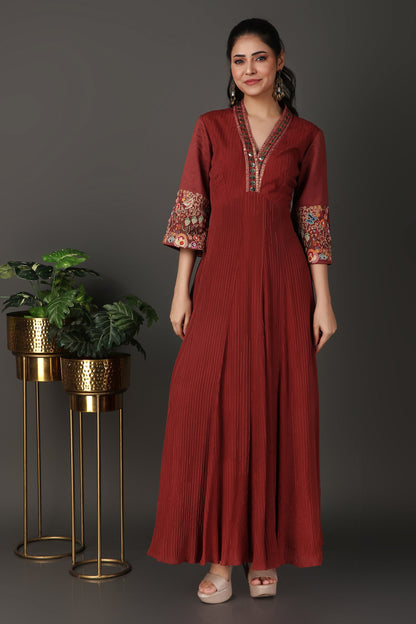 Rust Embroidered A Line Kurta Featuring Pintucks And Richly Decorated 3/4 Sleeves