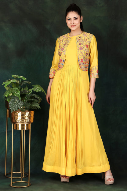 Yellow Georgette Anarkali Suit with Thread Dori And Sequin Work Jacket