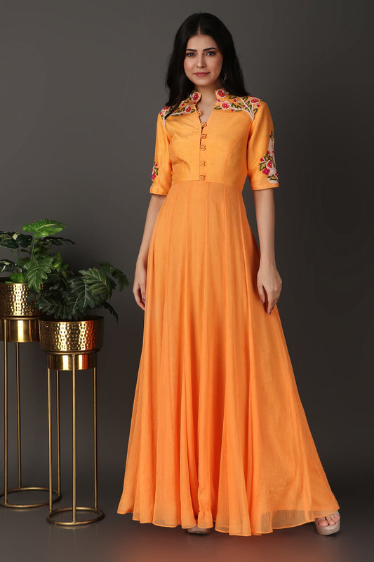Orange Elegant Full Band Anarkali Suit with Grand Flare