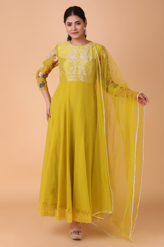Luxury Mustard Angrakha Anarkali With Pearl Cutdana Sequin And Gota Patti Handwork